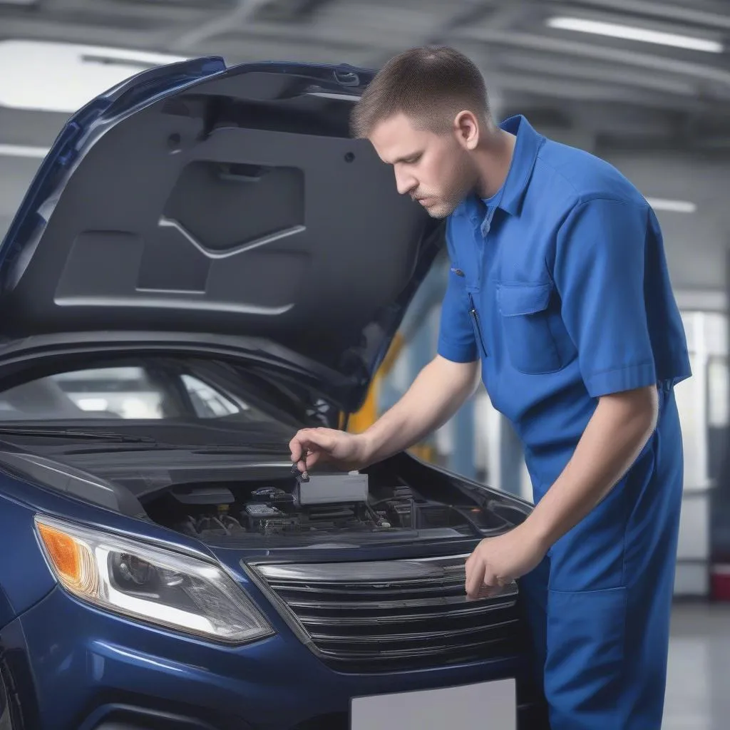 Mechanic using an OBD Scanner on a car engine